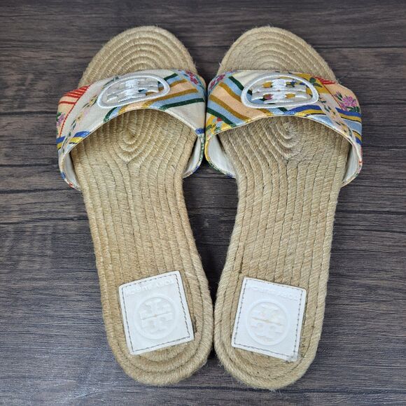 Tory Burch Benton Open Toe Women's Sz 8.5 Espadrille Slides Ribbon Weave Floral - Picture 7 of 9